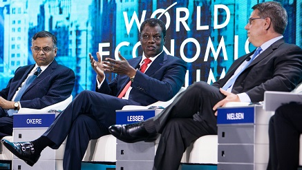(L-R): Natarajan Chandrasekaran, CEO of Tata Consultancy Services, Austin Okere, Founder of CWG Plc & Entrepreneur-in-Residence, CBS, and Rich Lesser, global CEO & President of the Boston Consulting Group at the World Economic Forum Annual Meeting of the New Champions in Tianjin, China